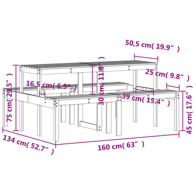 vidaXL fehér tömör fenyőfa piknik asztal 160 x 134 x 75 cm