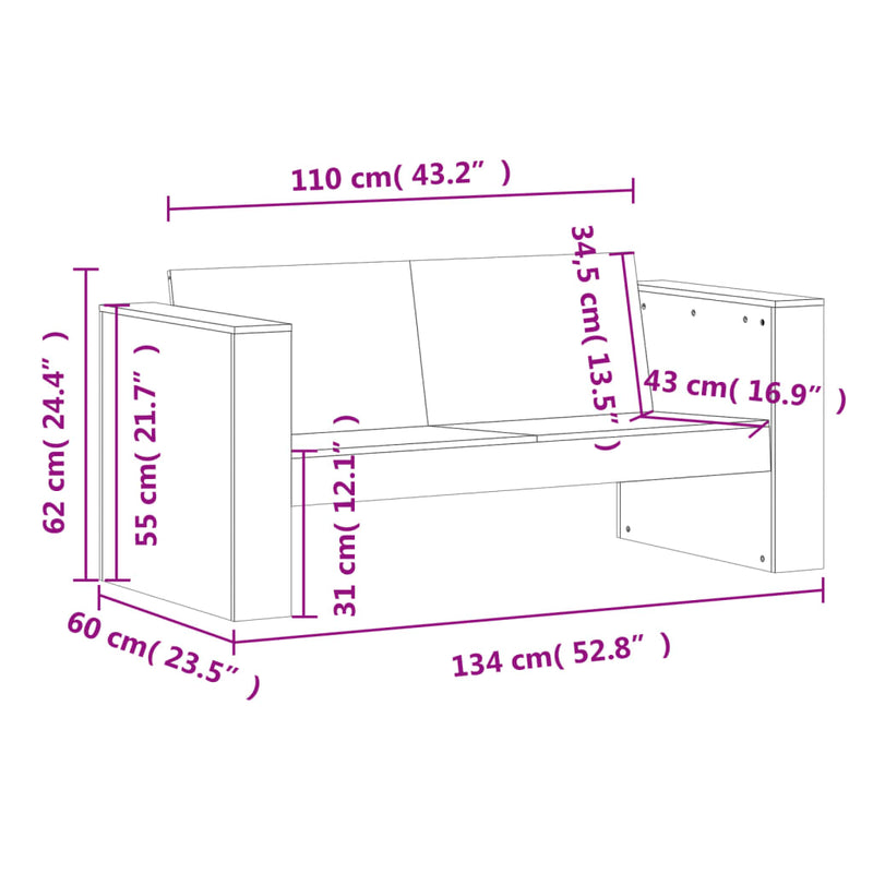 vidaXL 2 személyes viaszbarna tömör fenyőfa kerti kanapé 134x60x62 cm