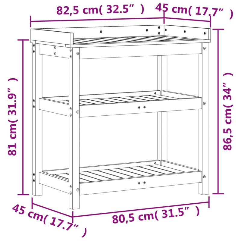 vidaXL barna tömör fenyőfa ültetőasztal polccal 82,5 x 45 x 86,5 cm