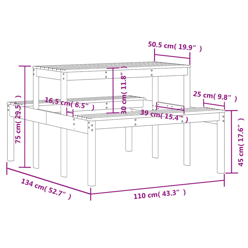 vidaXL viaszbarna tömör fenyőfa piknik asztal 110 x 134 x 75 cm