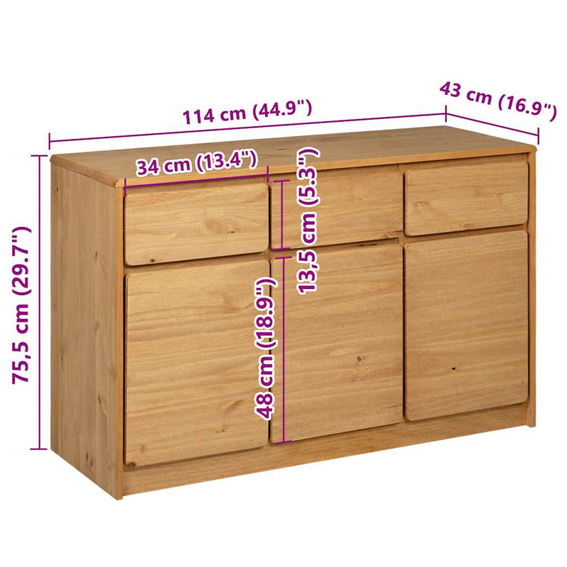 vidaXL SAUDA tölgyszínű tömör fenyőfa tálalószekrény 114x43x75,5 cm