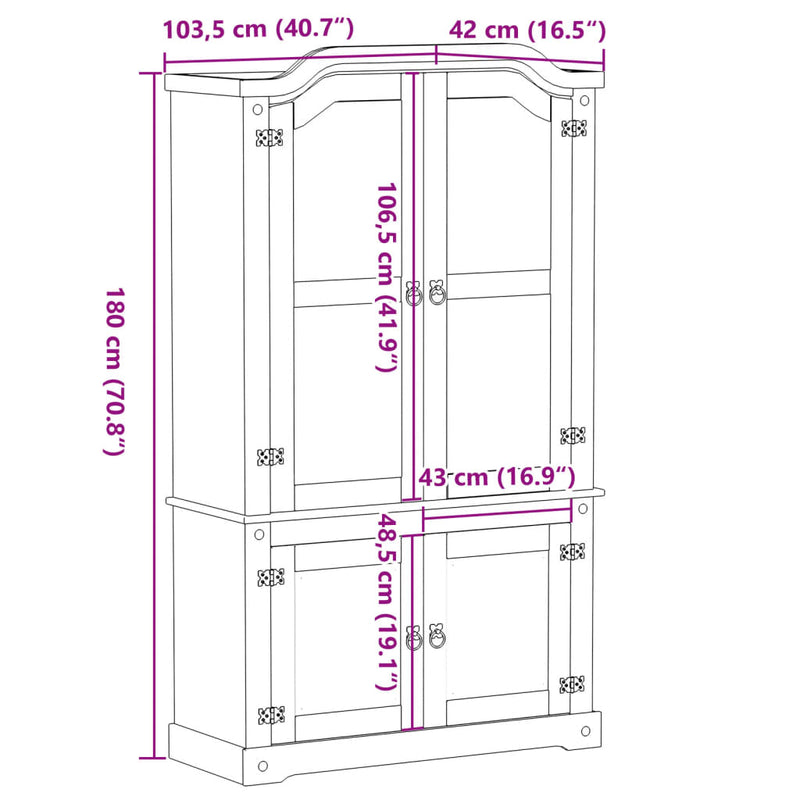 vidaXL Corona tömör fenyőfa vitrinszekrény 103,5 x 42 x 180 cm