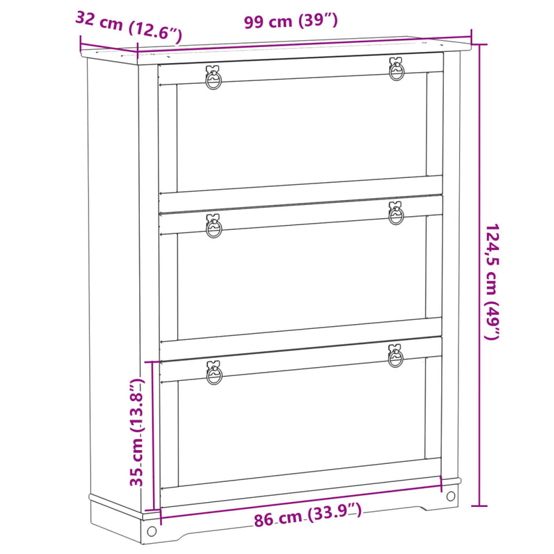 vidaXL Corona tömör fenyőfa cipőszekrény 99x32x124,5 cm