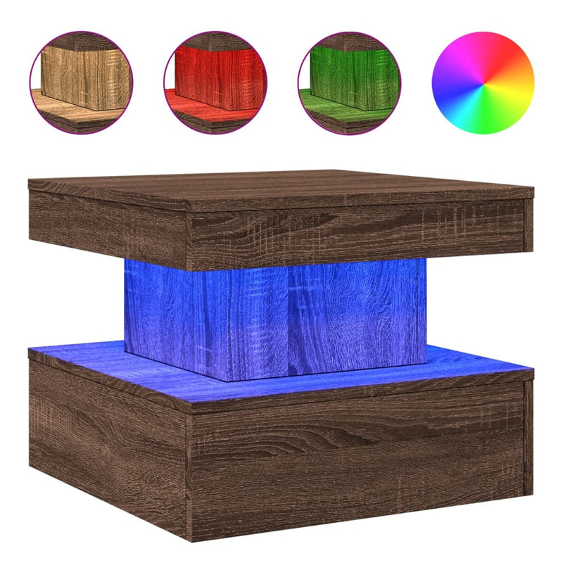 vidaXL barna tölgyszínű dohányzóasztal LED-lámpákkal 50 x 50 x 40 cm