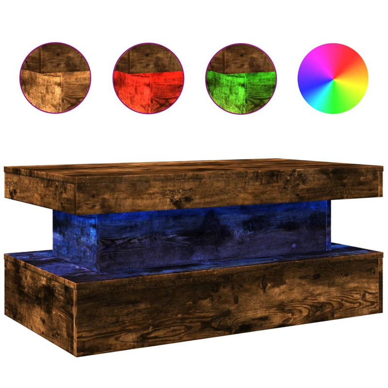 vidaXL füstös tölgy színű dohányzóasztal LED-lámpákkal 90x50x40 cm