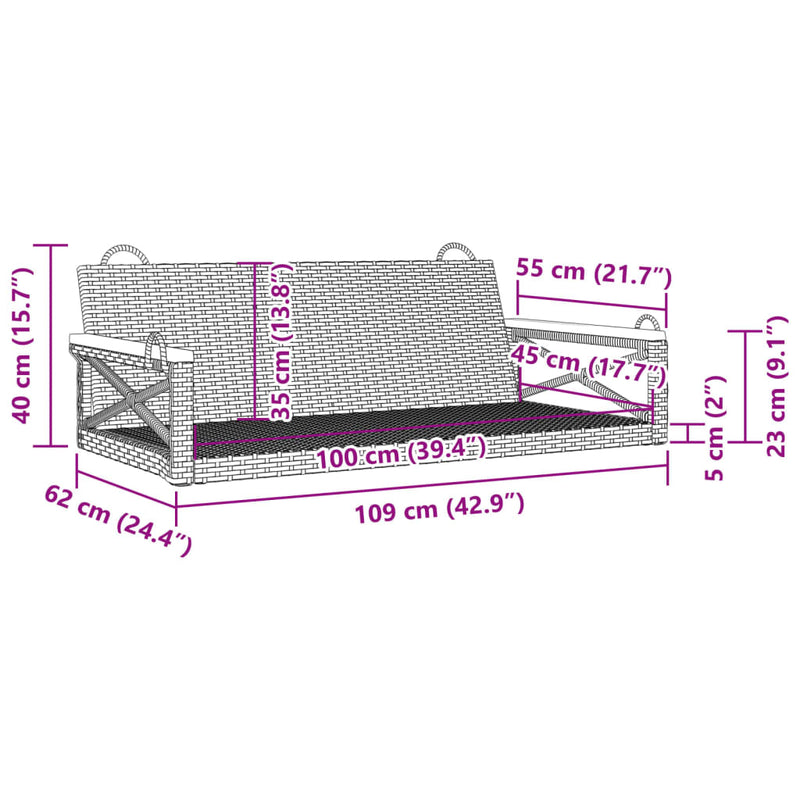 vidaXL fekete polyrattan hintapad 109 x 62 x 40 cm
