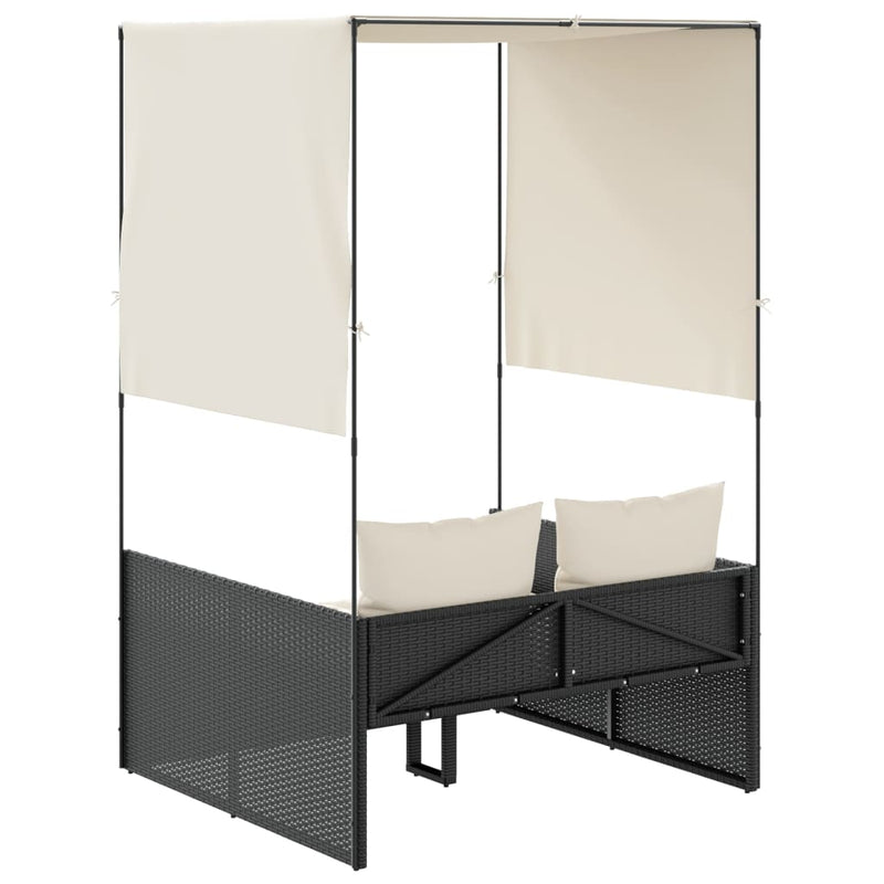 vidaXL fekete polyrattan dupla napozóágy tetővel és függönnyel