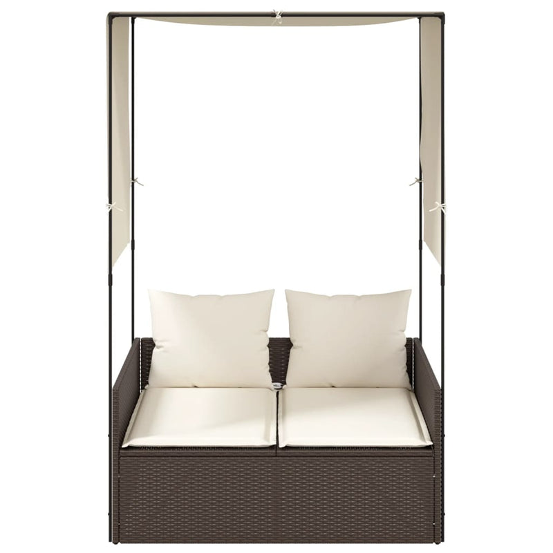 vidaXL barna polyrattan dupla napozóágy tetővel és függönyökkel