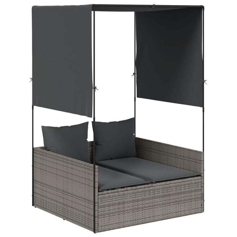 vidaXL szürke polyrattan dupla napozóágy tetővel és függönyökkel