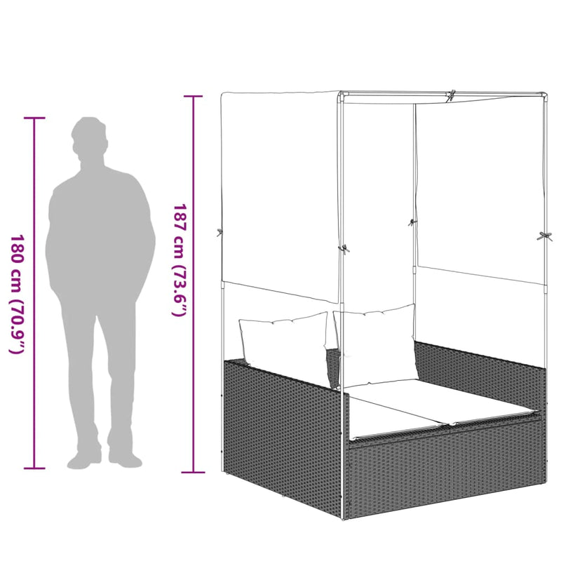 vidaXL világosszürke polyrattan dupla napozóágy tetővel és függönnyel