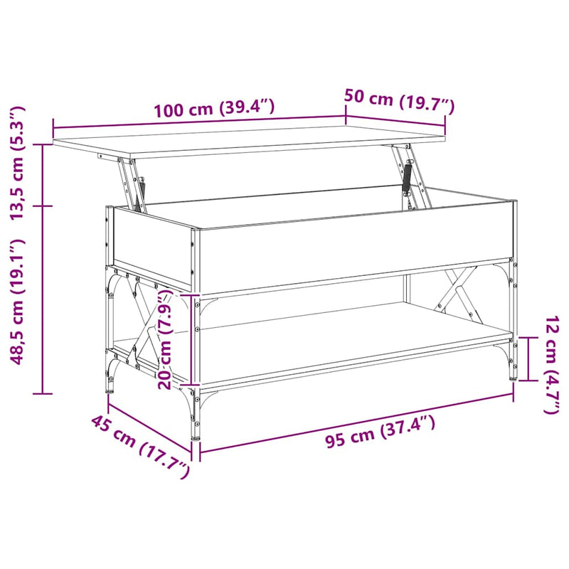vidaXL füstös tölgy szerelt fa és fém dohányzóasztal 100 x 50 x 50 cm