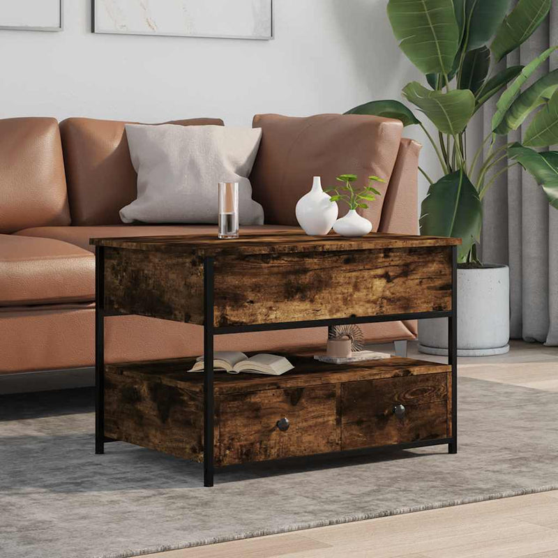 vidaXL füstös tölgy szerelt fa és fém dohányzóasztal 70 x 50 x 50 cm