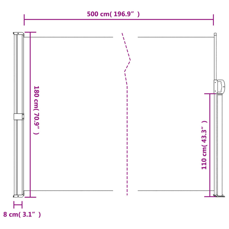 vidaXL fekete behúzható oldalsó napellenző 180 x 500 cm