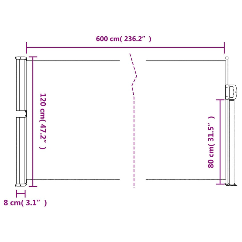 vidaXL sötétzöld behúzható oldalsó napellenző 120 x 600 cm