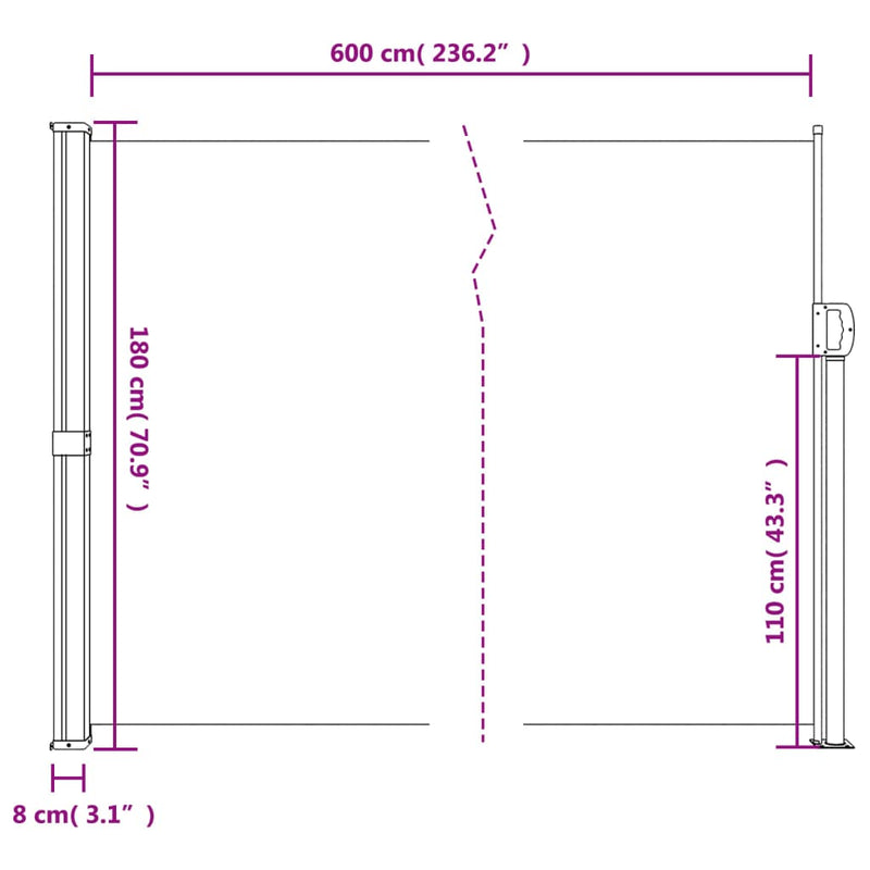vidaXL sötétzöld behúzható oldalsó napellenző 180 x 600 cm