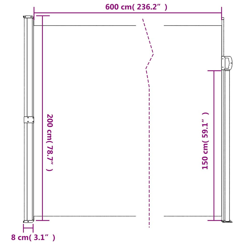 vidaXL fehér behúzható oldalsó napellenző 200 x 600 cm