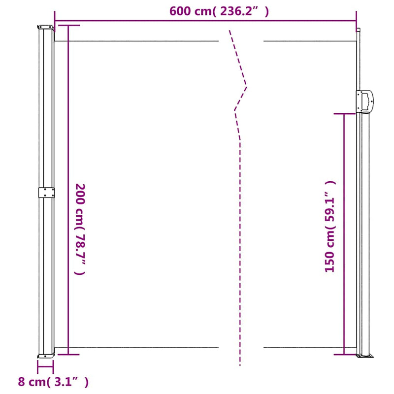 vidaXL sötétzöld behúzható oldalsó napellenző 200 x 600 cm