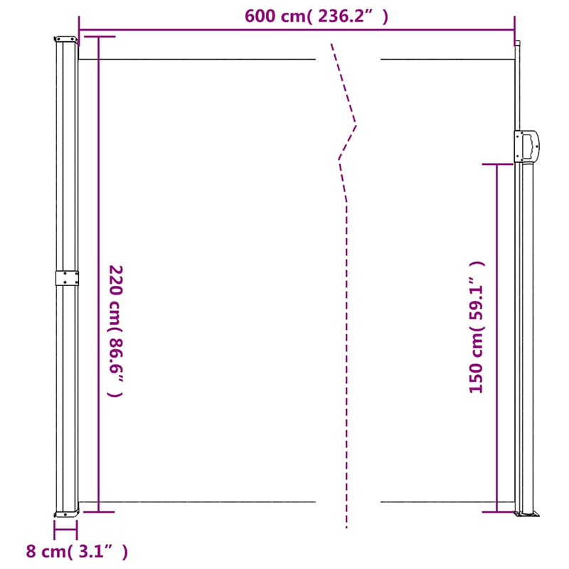 vidaXL tópszínű behúzható oldalsó napellenző 220 x 600 cm