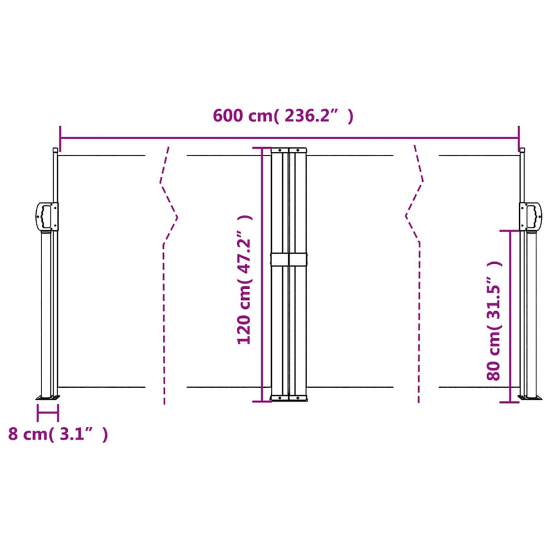 vidaXL fekete behúzható oldalsó napellenző 120 x 600 cm