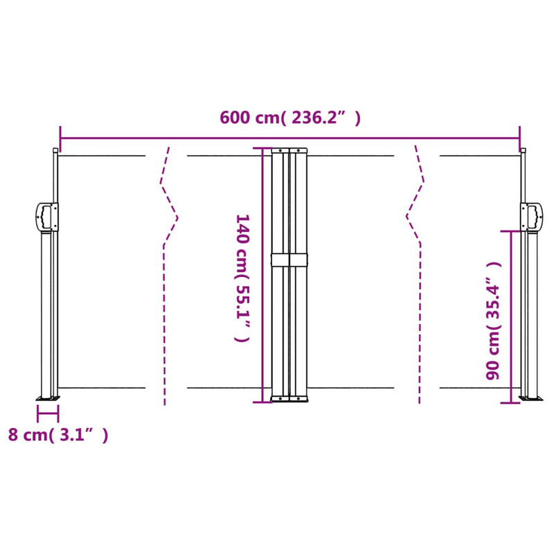 vidaXL fekete behúzható oldalsó napellenző 140 x 600 cm