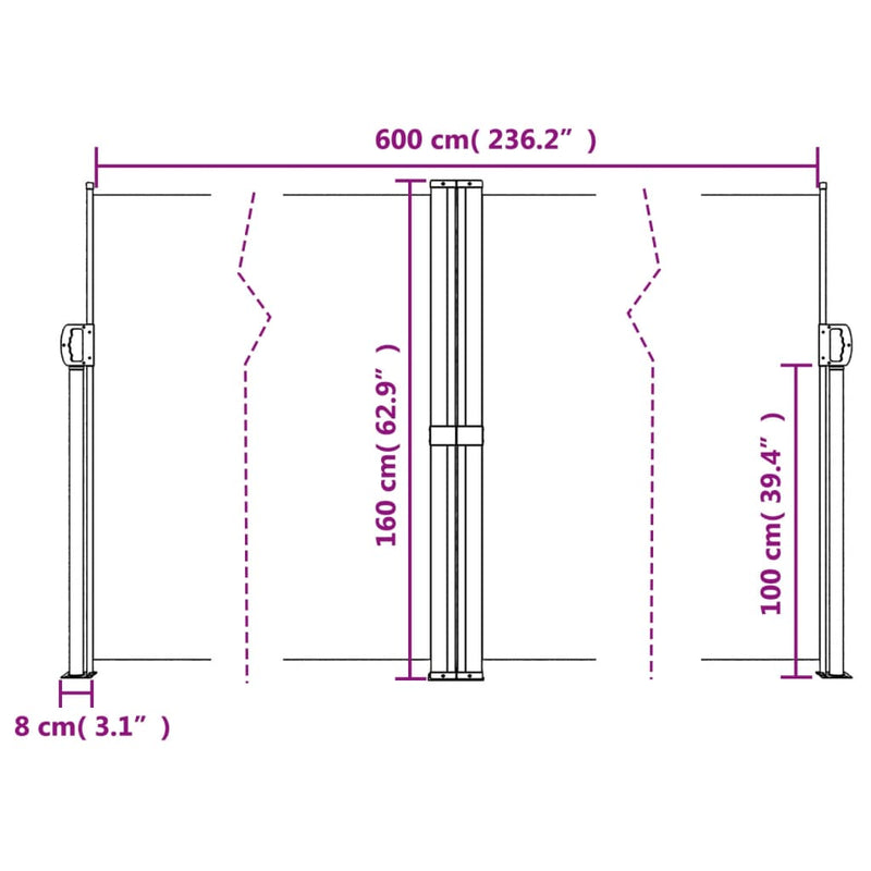 vidaXL fekete behúzható oldalsó napellenző 160 x 600 cm