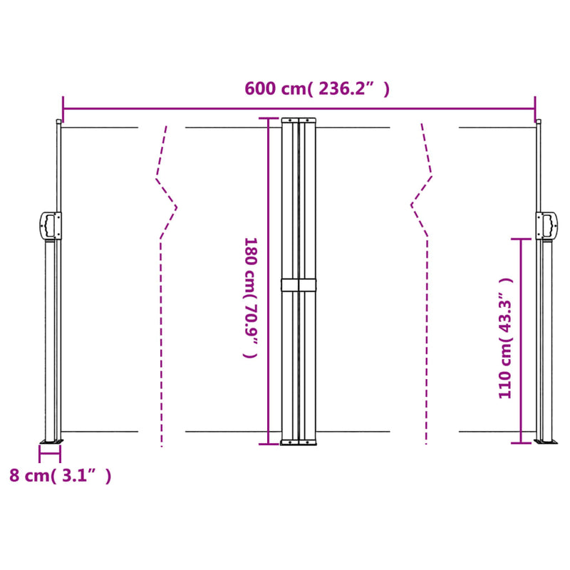 vidaXL fekete behúzható oldalsó napellenző 180 x 600 cm