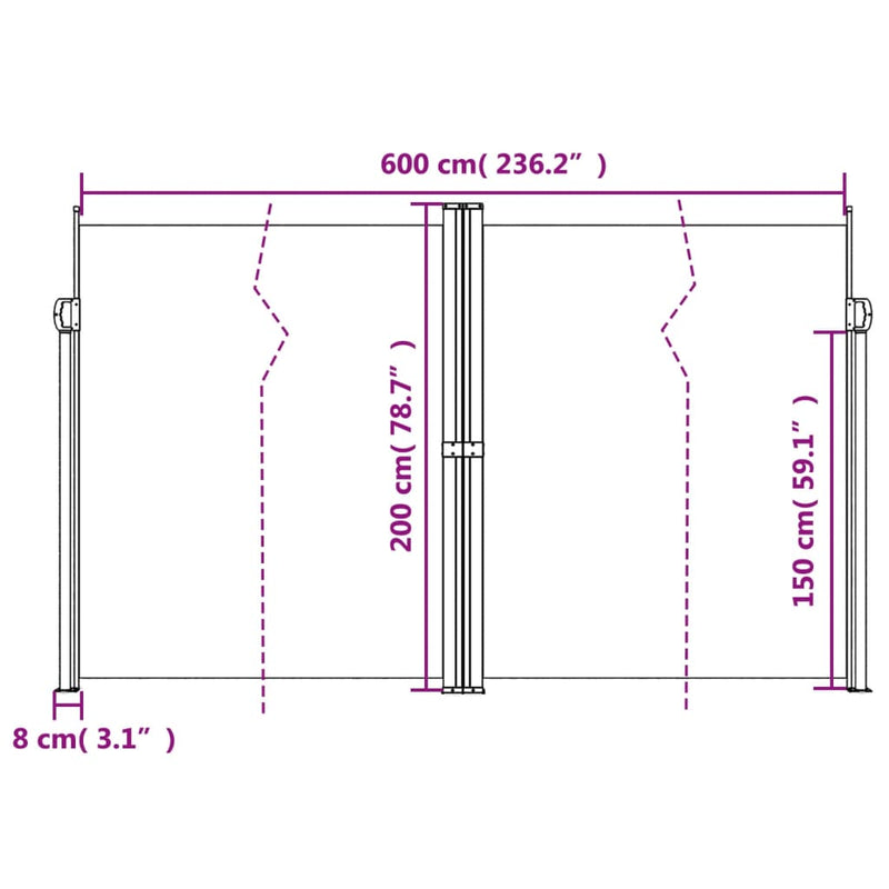 vidaXL fekete behúzható oldalsó napellenző 200 x 600 cm