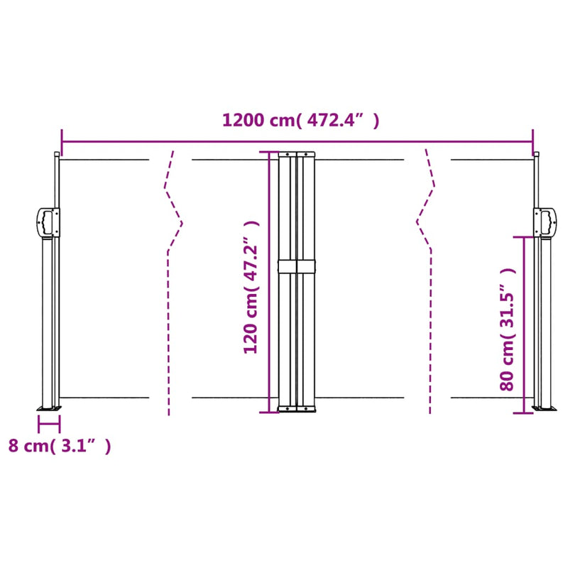 vidaXL fekete behúzható oldalsó napellenző 120 x 1200 cm