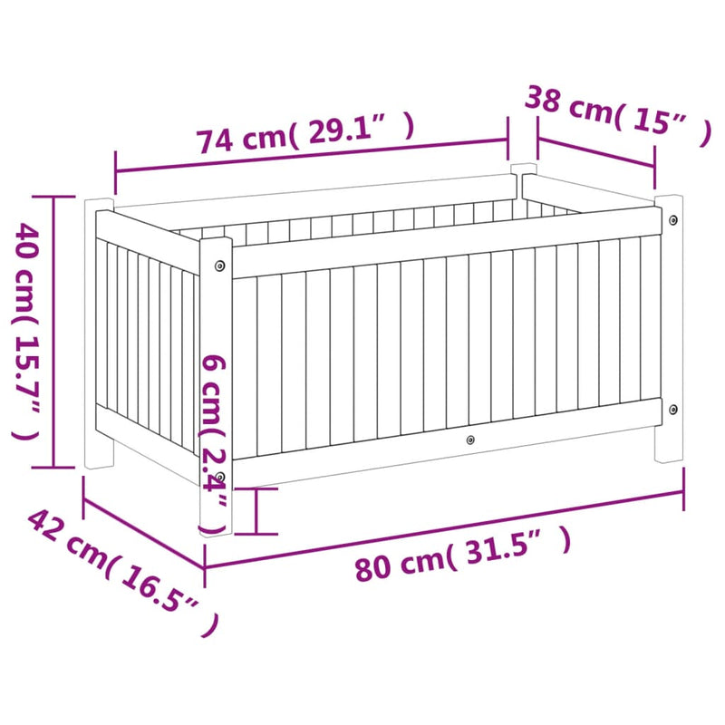 vidaXL tömör akácfa kerti virágtartó béléssel 80 x 42 x 40 cm