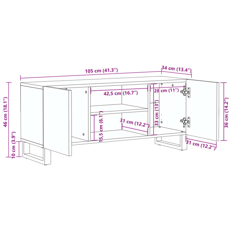 vidaXL fehér tömör mangófa TV-szekrény 105 x 34 x 46 cm