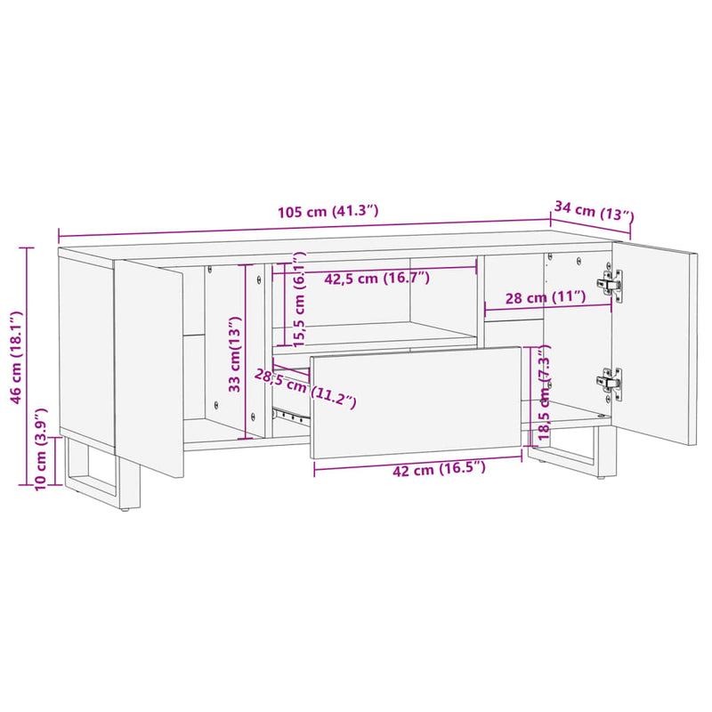 vidaXL tömör mangófa TV-szekrény 100 x 34 x 46 cm