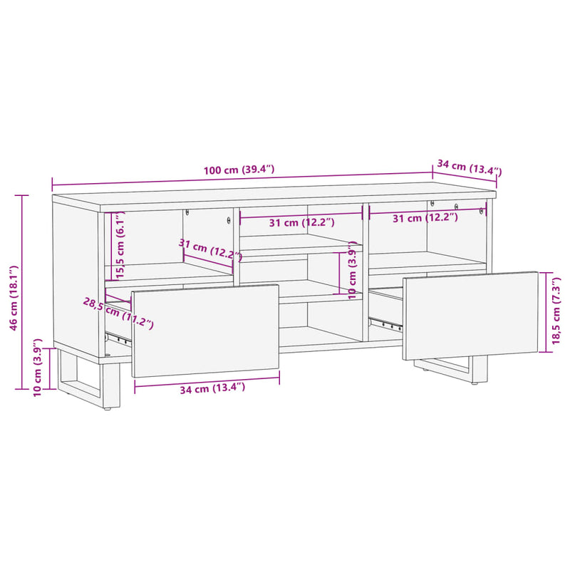 vidaXL barna tömör mangófa TV-szekrény 100 x 34 x 46 cm