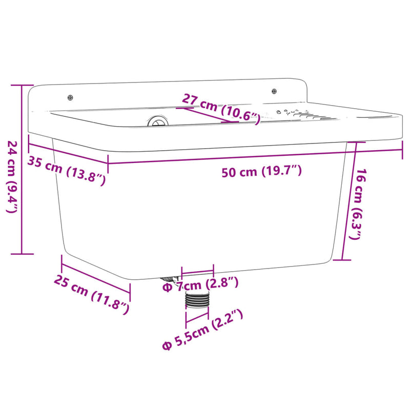 vidaXL fehér gyanta falra szerelhető mosdókagyló 50x35x24 cm
