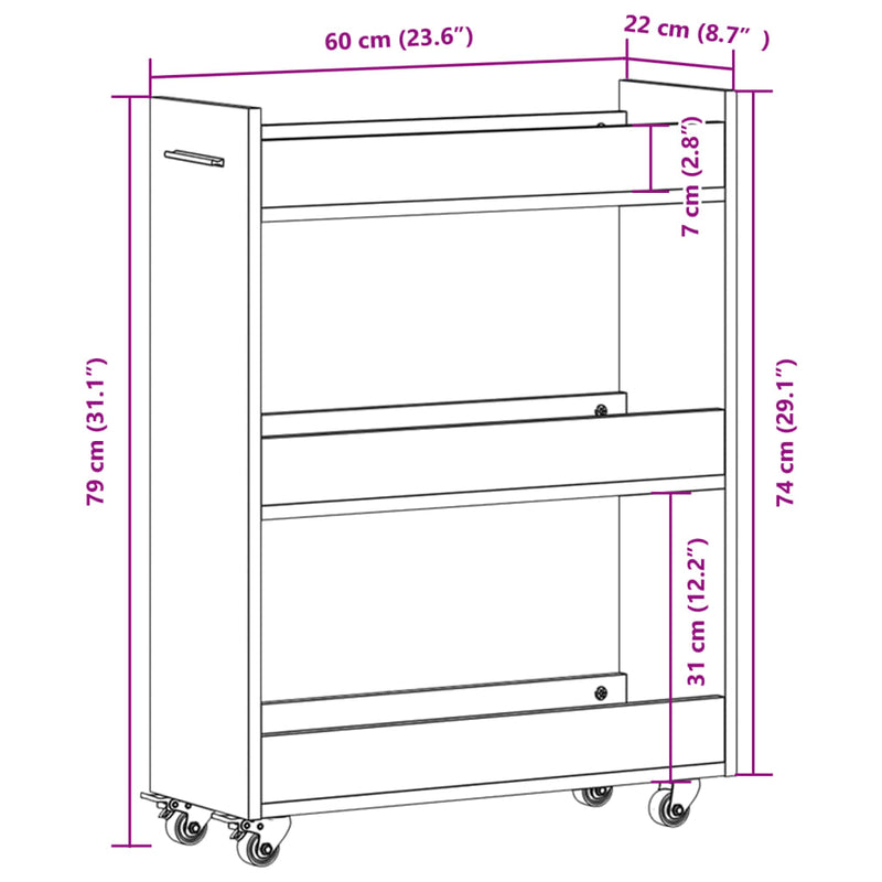 vidaXL sonoma tölgy színű szerelt fa szekrény kerekekkel 60x22x79 cm