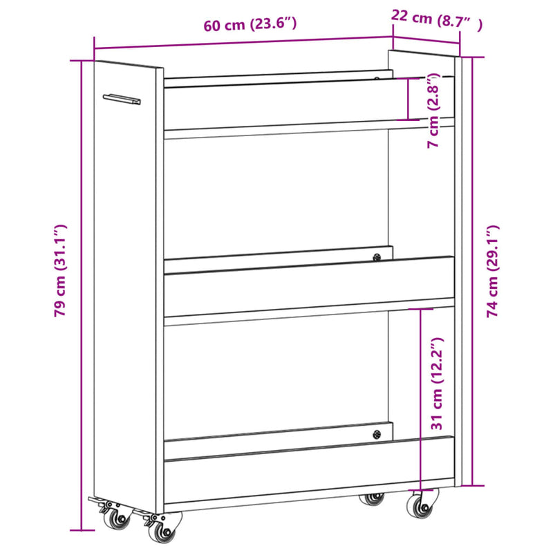 vidaXL betonszürke szerelt fa szekrény kerekekkel 60 x 22 x 79 cm