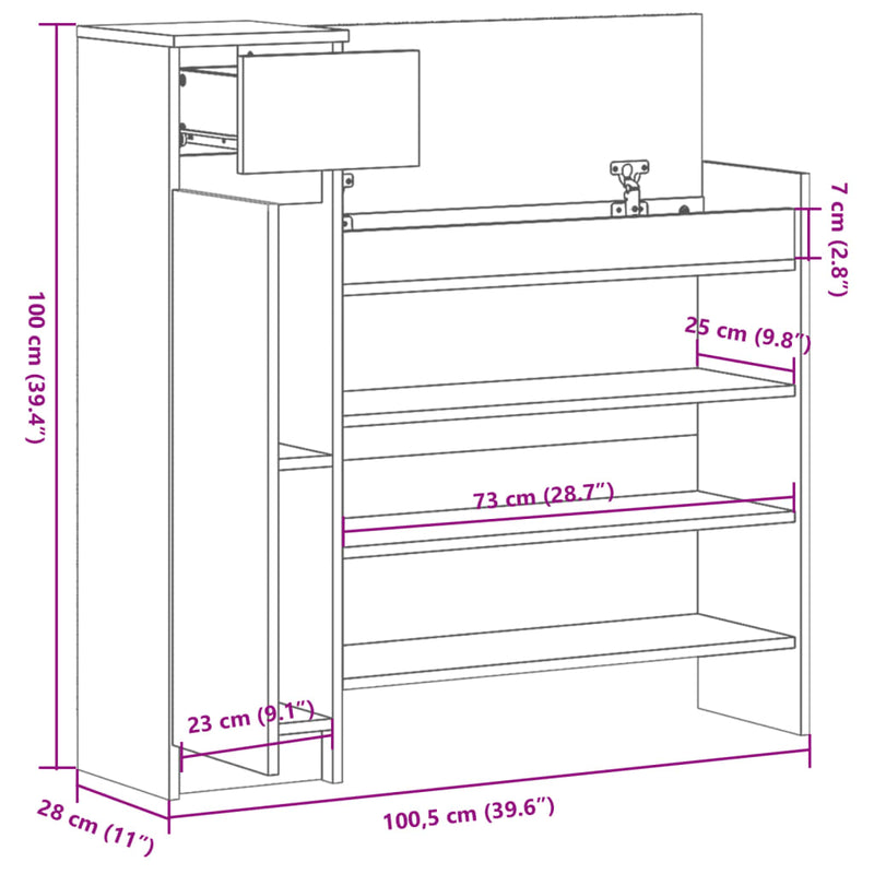 vidaXL füstös tölgy színű szerelt fa cipőszekrény 100,5 x 28 x 100 cm