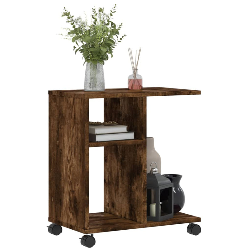 vidaXL füstös tölgy színű szerelt fa kisasztal kerekekkel 50x30x55 cm