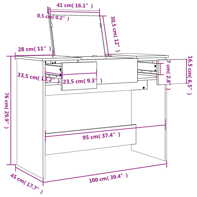 vidaXL betonszürke fésülködőasztal tükörrel 100x45x76 cm