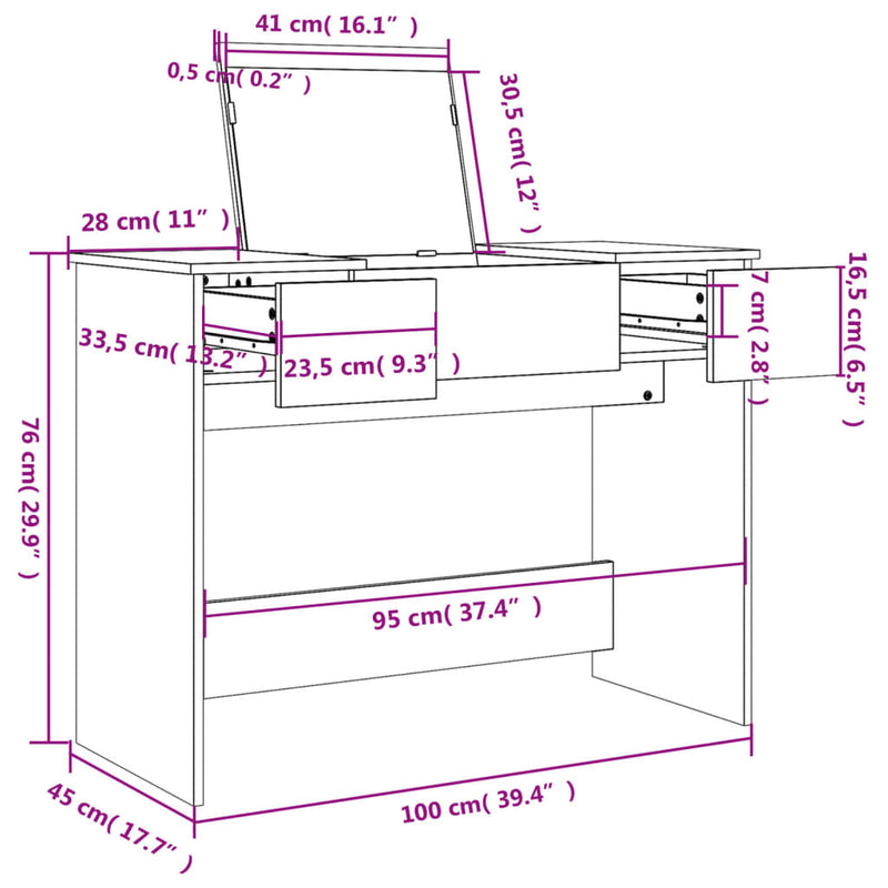 vidaXL barna tölgy színű fésülködőasztal tükörrel 100x45x76 cm