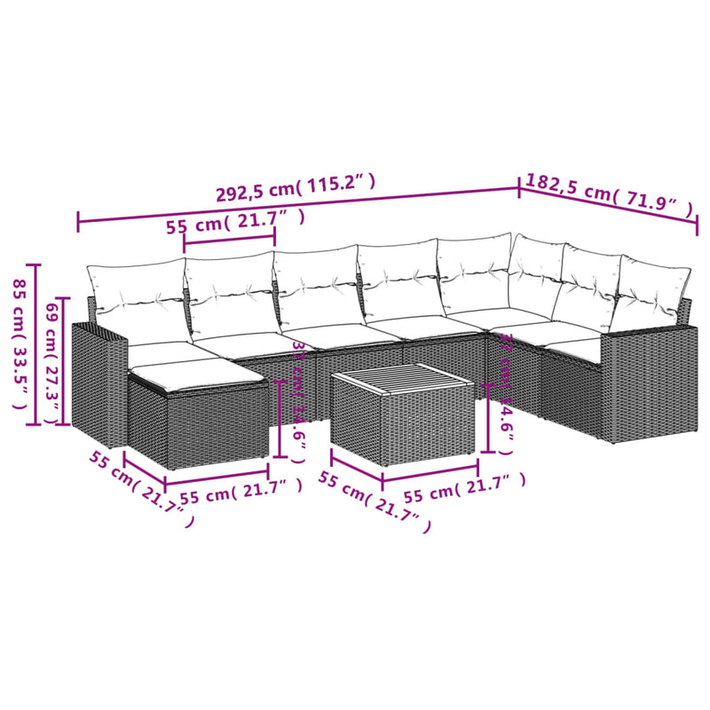 vidaXL 9 részes fekete polyrattan kerti ülőgarnitúra párnákkal