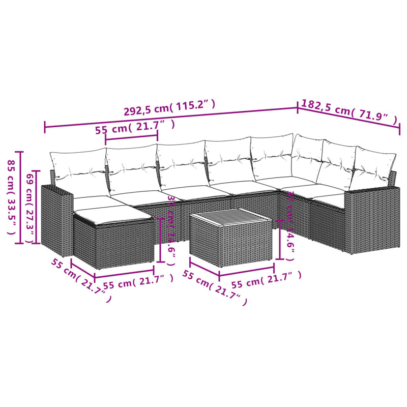 vidaXL 9 részes bézs polyrattan kerti ülőgarnitúra párnákkal