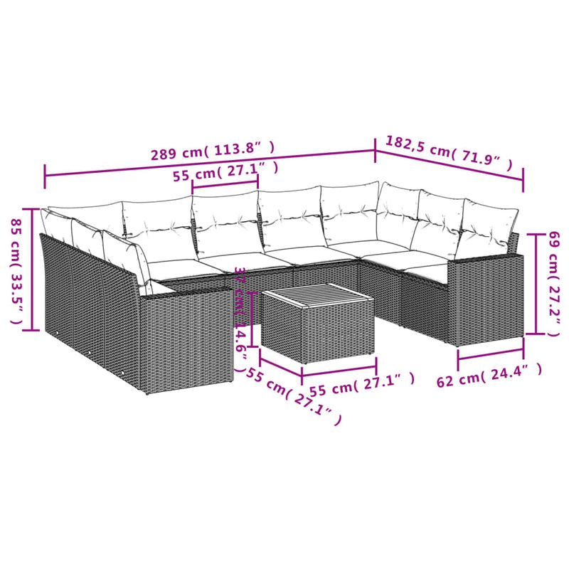 vidaXL 10 részes szürke polyrattan kerti ülőgarnitúra párnákkal