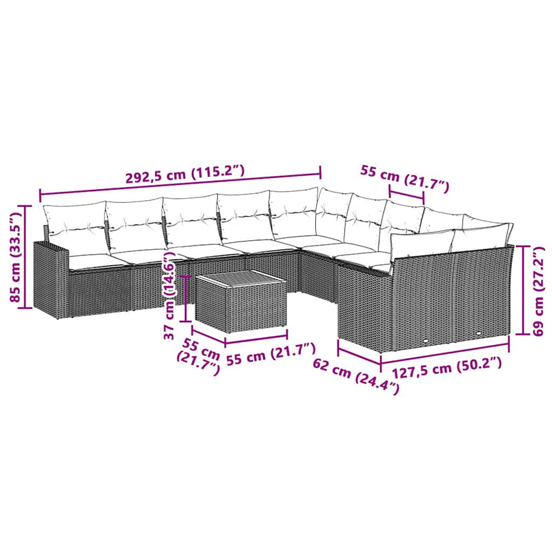 vidaXL 11 részes fekete polyrattan kerti ülőgarnitúra párnákkal