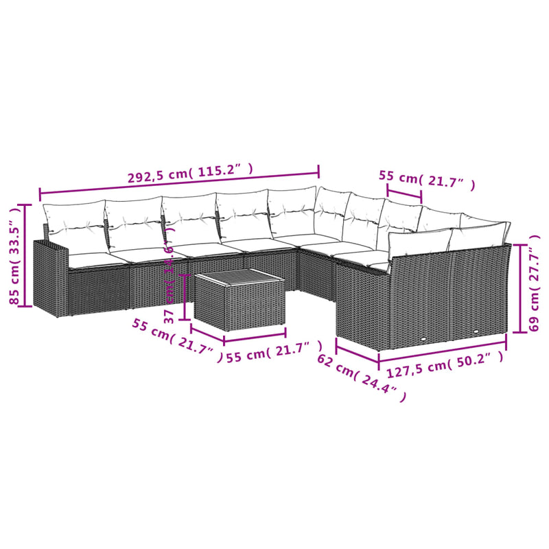 vidaXL 11 részes szürke polyrattan kerti ülőgarnitúra párnákkal