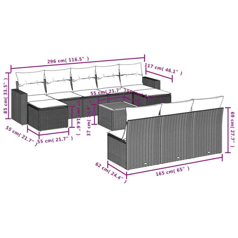 vidaXL 11 részes fekete polyrattan kerti ülőgarnitúra párnákkal