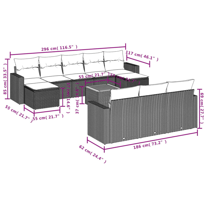 vidaXL 11 részes fekete polyrattan kerti ülőgarnitúra párnákkal