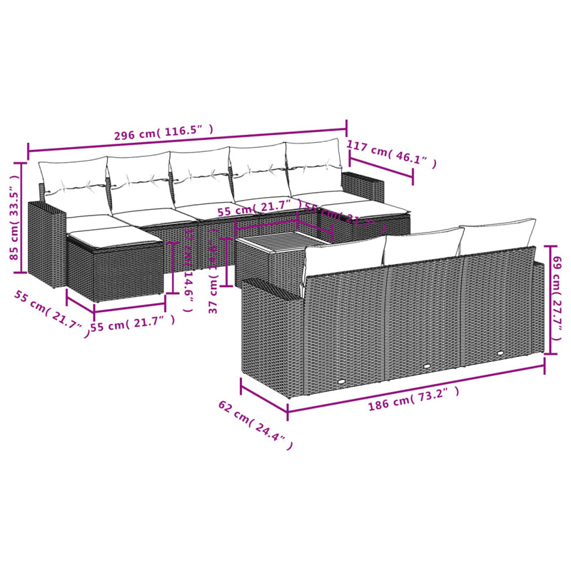 vidaXL 11 részes szürke polyrattan kerti ülőgarnitúra párnákkal