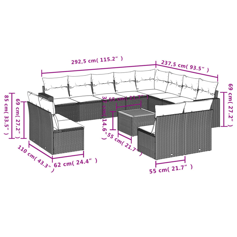 vidaXL 13 részes fekete polyrattan kerti ülőgarnitúra párnákkal