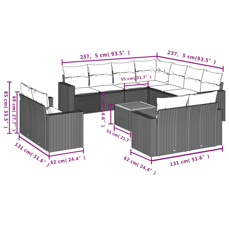 vidaXL 12 részes fekete polyrattan kerti ülőgarnitúra párnákkal