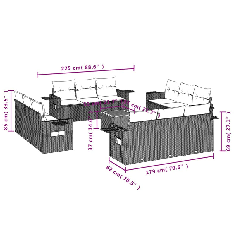 vidaXL 13 részes fekete polyrattan kerti ülőgarnitúra párnákkal